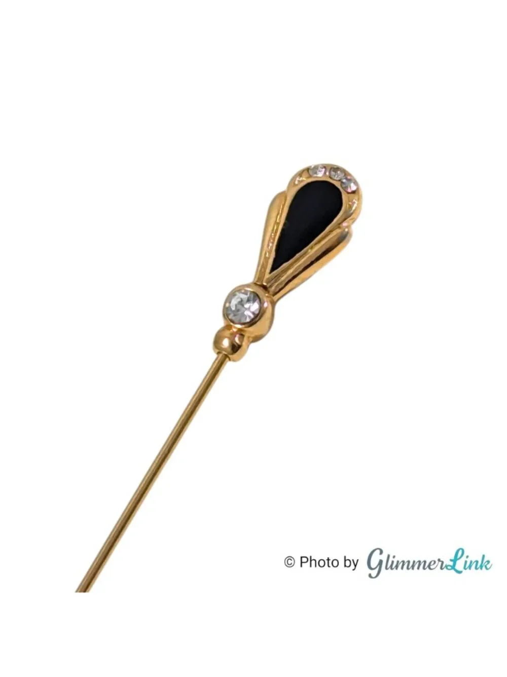 Vintage Gold Tone Black & Clear Rhinestone Art Deco Style Stick Pin
